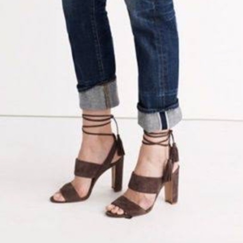 Madewell Octavia Brown Suede Women's Tassel Heels - Picture 3 of 10